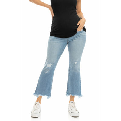 1822 Denim - Womens Maternity 27" Tencel High Rise Demi-Boot with Uneven Fray Hem