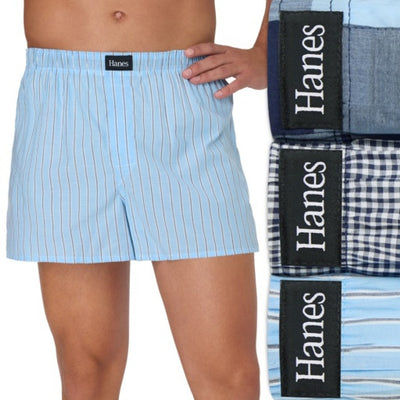 Hanes - Mens Originals Ultimate Men's Cotton Stretch Woven Boxer Underwear Blue Plaids/Prints 3-Pack