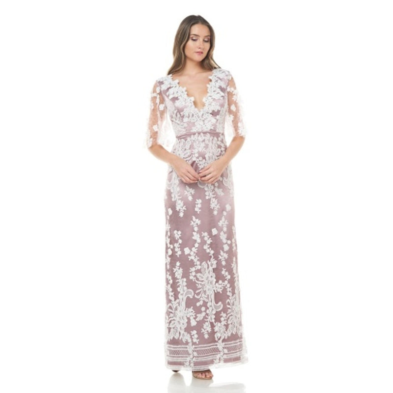 JS Collections - Womens Embroidered Flutter Slv Gown Swing Sleeve Embroidered Lace Aline Gown