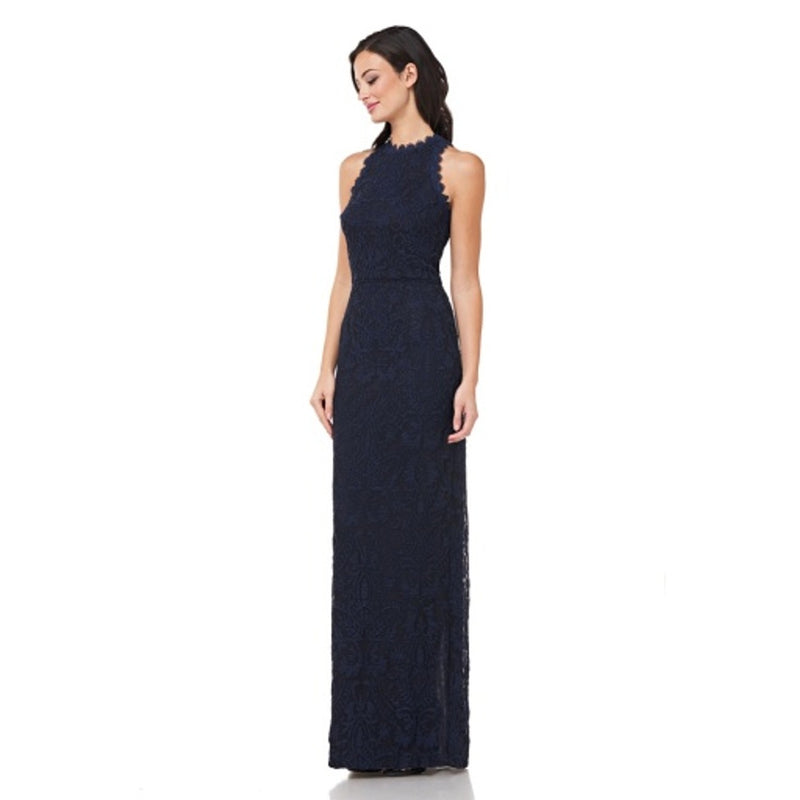 JS Collections - Womens Embroidered Halter Column Gown