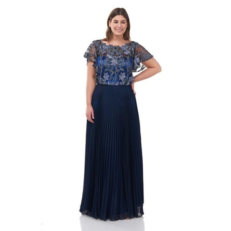 JS Collections - Womens Pleat Gown with Illusion Neck