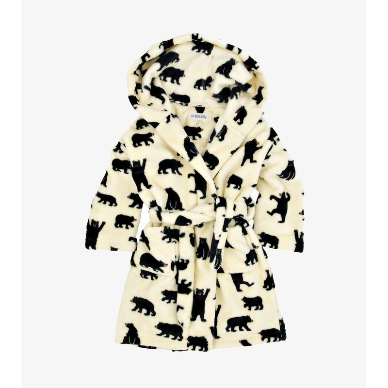 Little Blue House - Black Bears on Natural Kids Fleece Robe