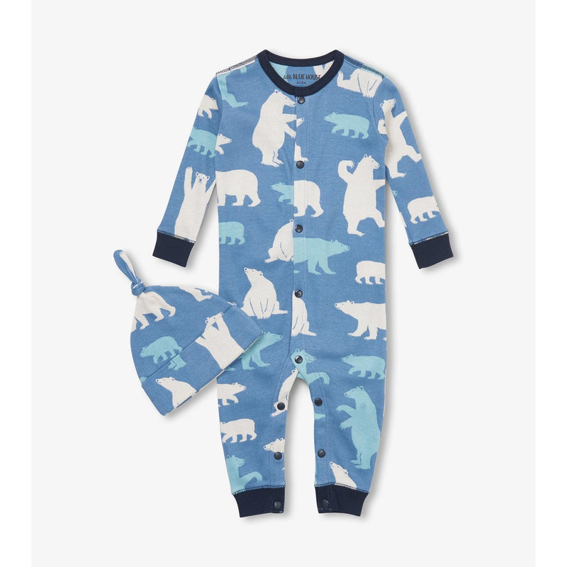 Little Blue House - Blue Polar Bears Baby Coverall & Hat
