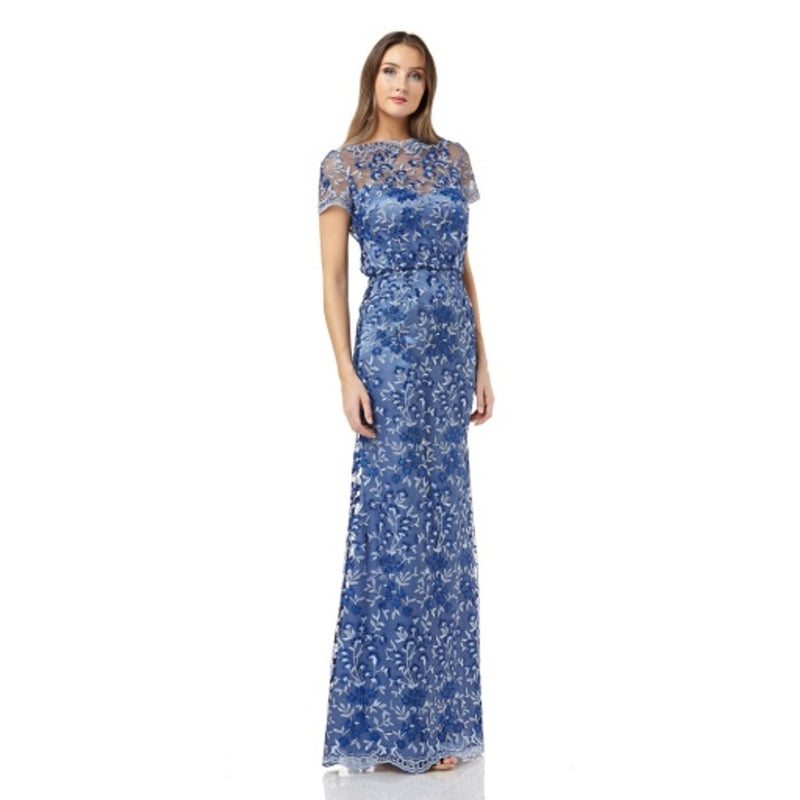 JS Collections - Womens Flutter Sleeve Embroidered Long Dress with Scalloped Sleeve