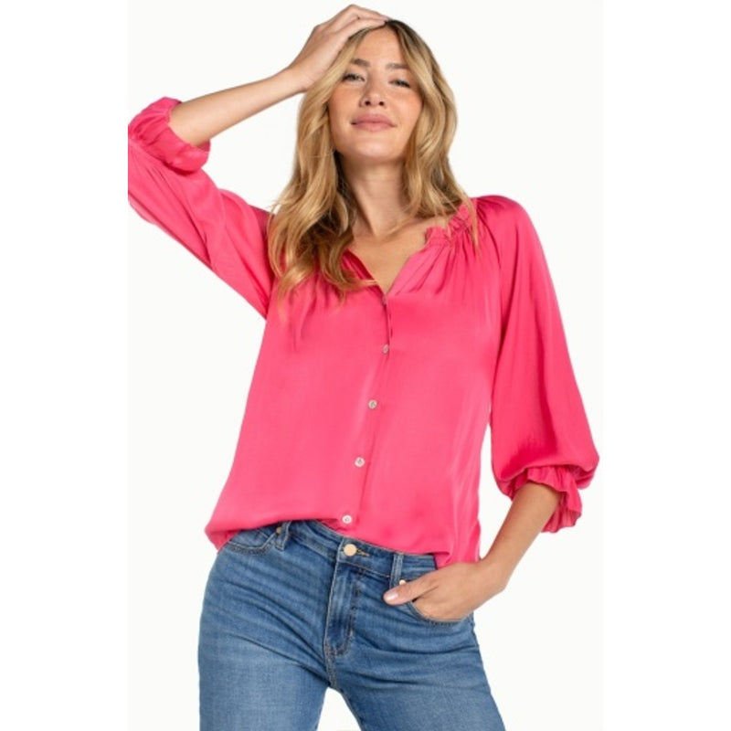 Liverpool Los Angeles - Womens 3/4 Slv Bttn Frnt Woven Top Wruffle Details