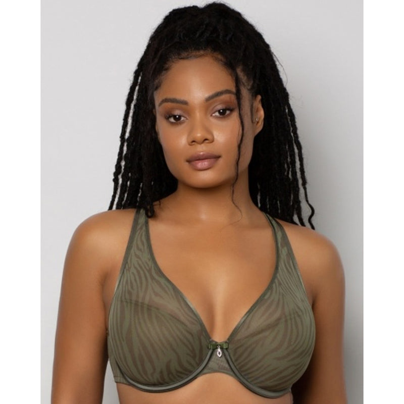 Ariela - Womens Sheer Mesh Plunge T-Shirt Bra - Olive Waves