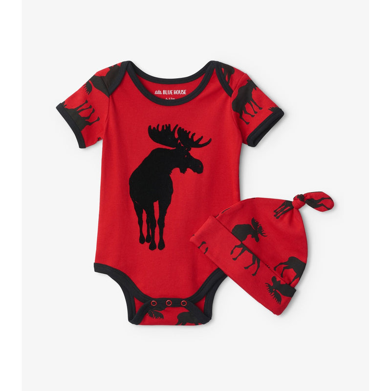 Little Blue House - Moose on Red Baby Bodysuit & Hat
