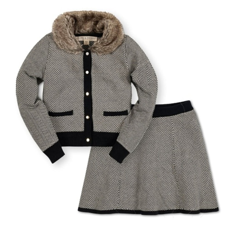 Hope & Henry - Girls Faux Fur Cardigan and Skirt Organic Sweater Set