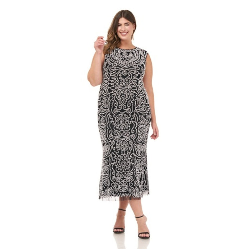 JS Collections - Womens Beaded Sleeveless Midi Dress with Flounce At Hem