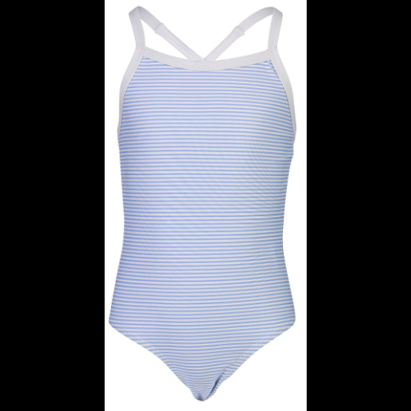 Snapper Rock - Girls Blue & White Stripe X Back Tie Swimsuit