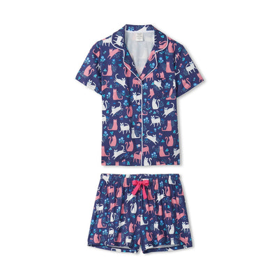 Little Blue House - Unisex Cats Button Down Short Pj Set in a Bag