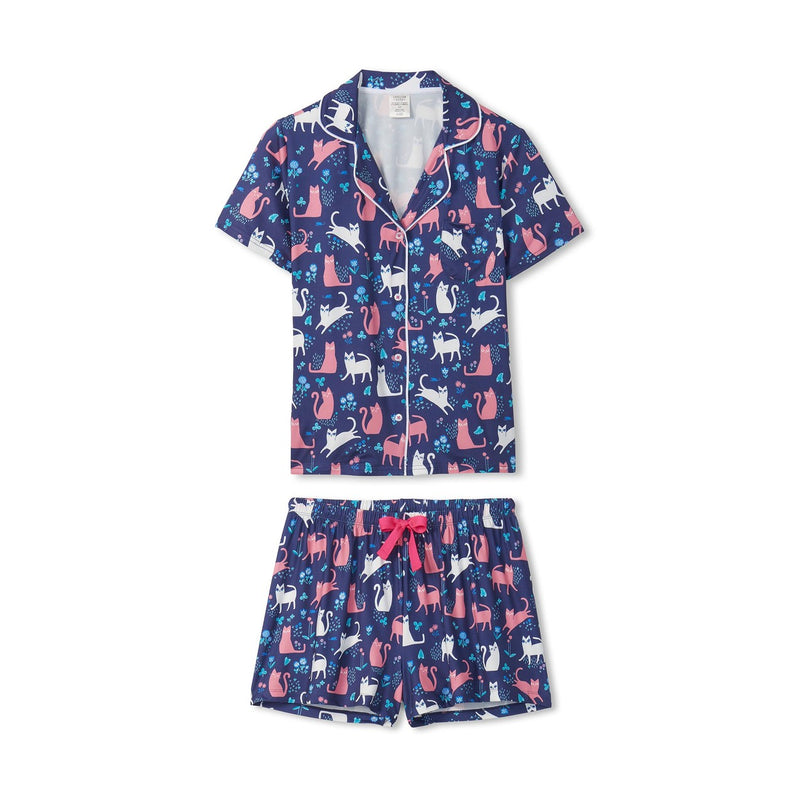 Little Blue House - Unisex Cats Button Down Short Pj Set in a Bag