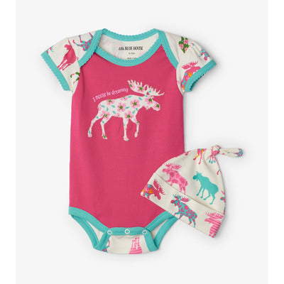Little Blue House - Patterned Moose Baby Bodysuit & Hat