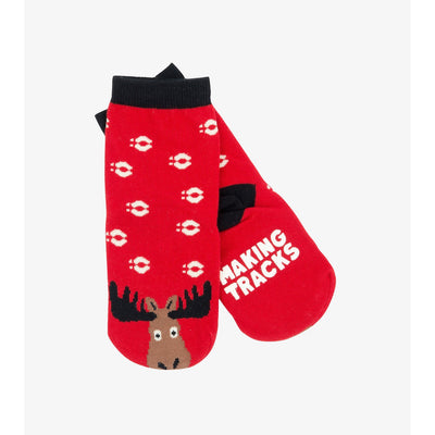 Little Blue House - Moose on Red Kids Animal Face Socks