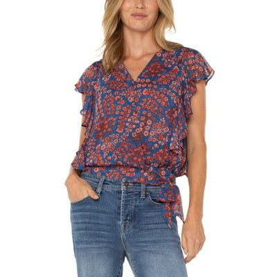 Liverpool Los Angeles - Womens Short Ruffle Sleeve Draped Front Woven Blouse
