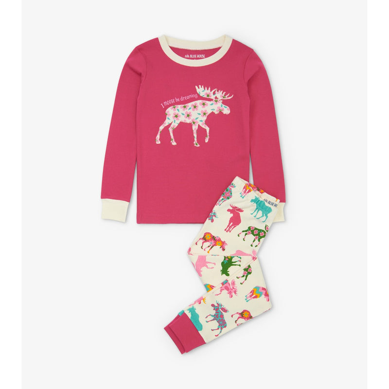 Little Blue House - Patterned Moose Kids Appliqué Pajama Set
