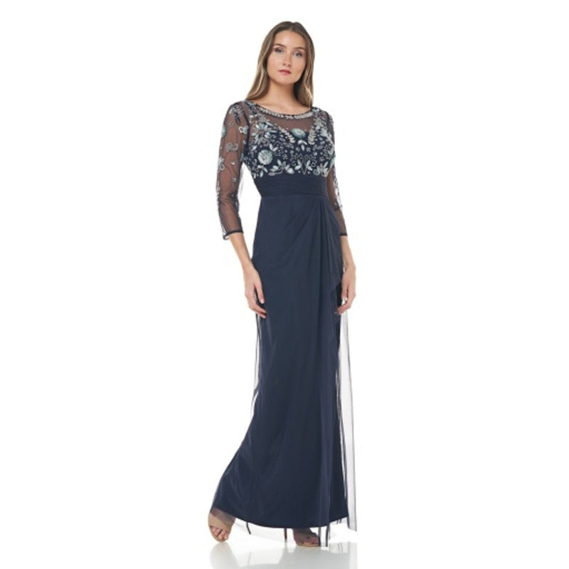 JS Collections - Womens Bead Mesh Illusion Column Gown