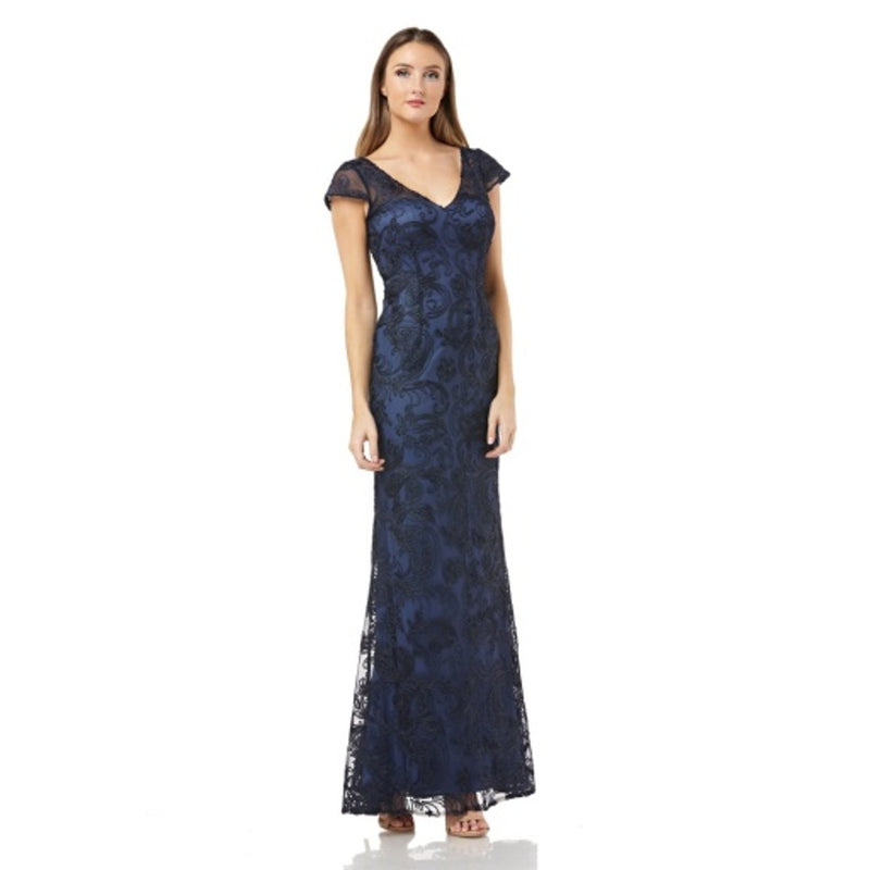 JS Collections - Womens Embroidered Mesh V Neck Gown