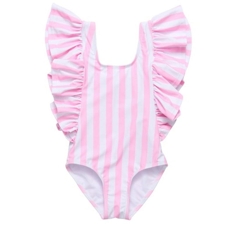 Snapper Rock - Girls Pink Stripe Wide Frill Swimsuit