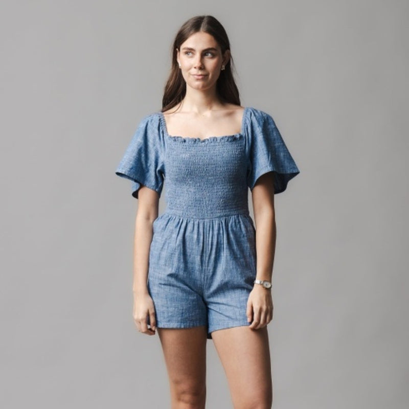 Hope & Henry - Womens Organic Smocked Chambray Romper
