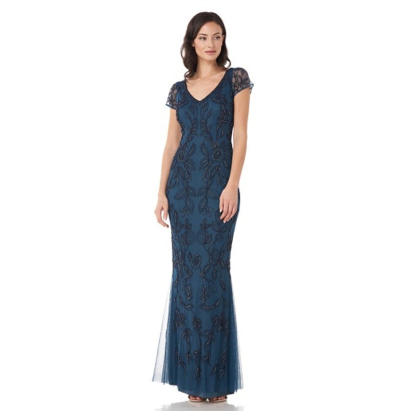 JS Collections - Womens Vneck Beaded Dori Ss Gown