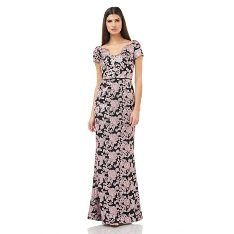 JS Collections - Womens Scallop Neck Embroidered Gown