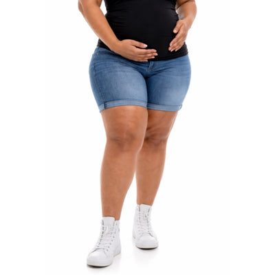 1822 Denim - Womens Plus Maternity Roll Cuff Jean Shorts with Bellyband