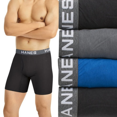 Hanes - Mens Ultimate Comfort Flex Fit Men's Boxer Brief Underwear Black/Grey/Blue 4-Pack