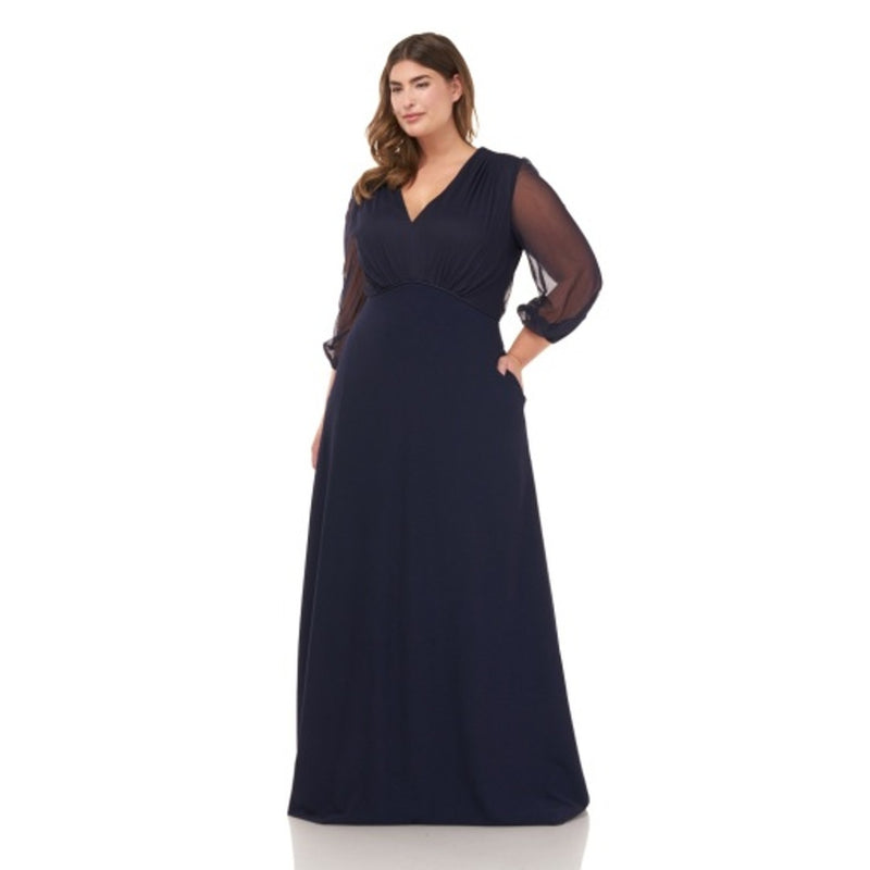 JS Collections - Womens a-Line Crepe Gown with Shirred Bodice and Lantern Sleeve