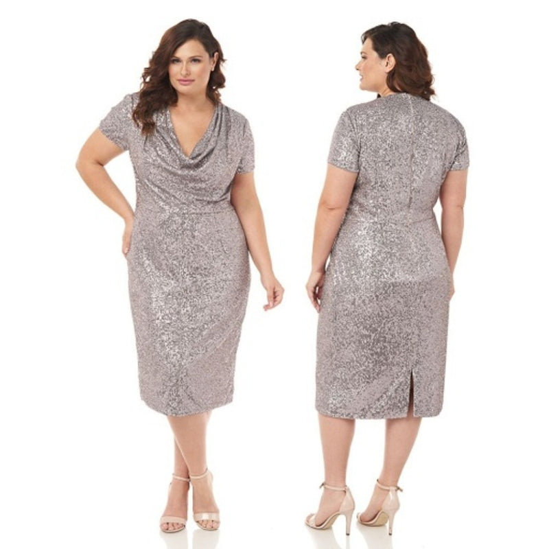 JS Collections - Womens Cowl Neck Short Sleeve Sequin Midi