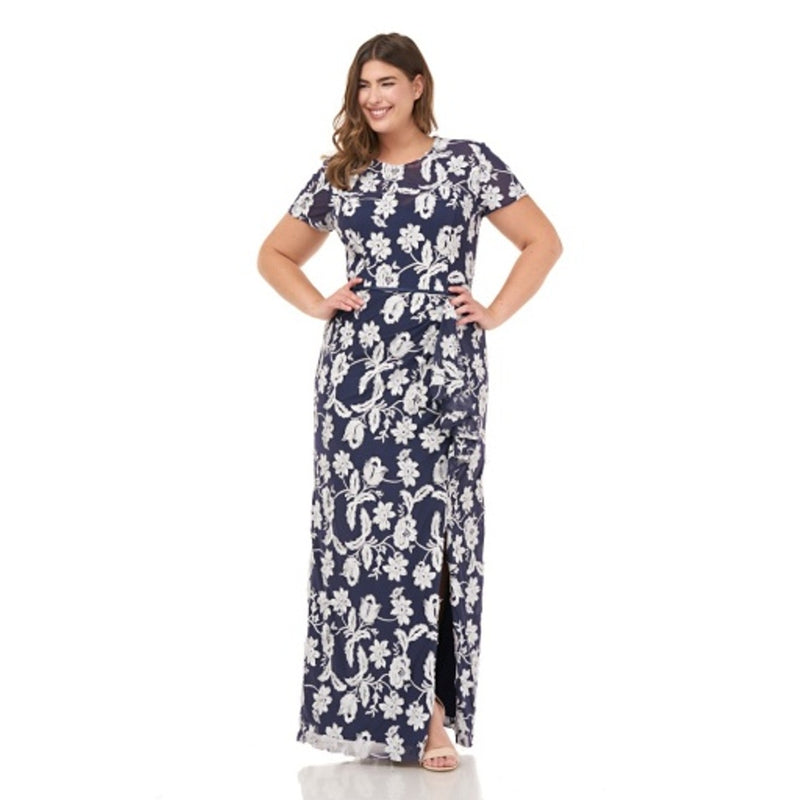 JS Collections - Womens Illusion Embroidered Gown with Draped Skirt