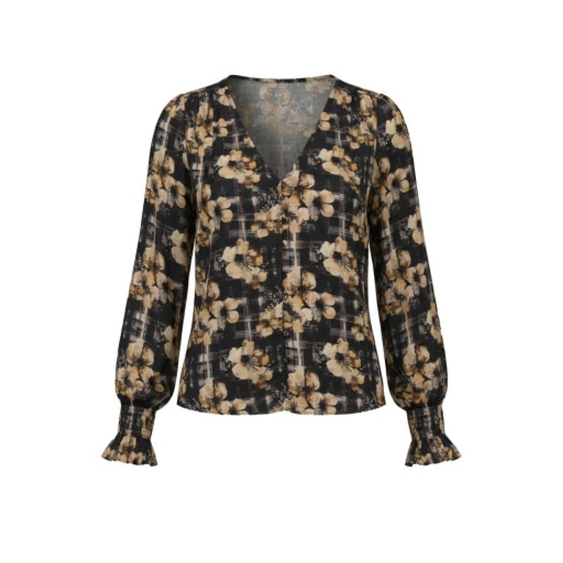 Liverpool Los Angeles - Womens Long Slv Btn Front Wvn Top with Smocking