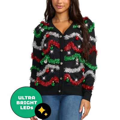 Tipsy Elves - Womens Midnight Garland Light Up Christmas Cardigan Sweater