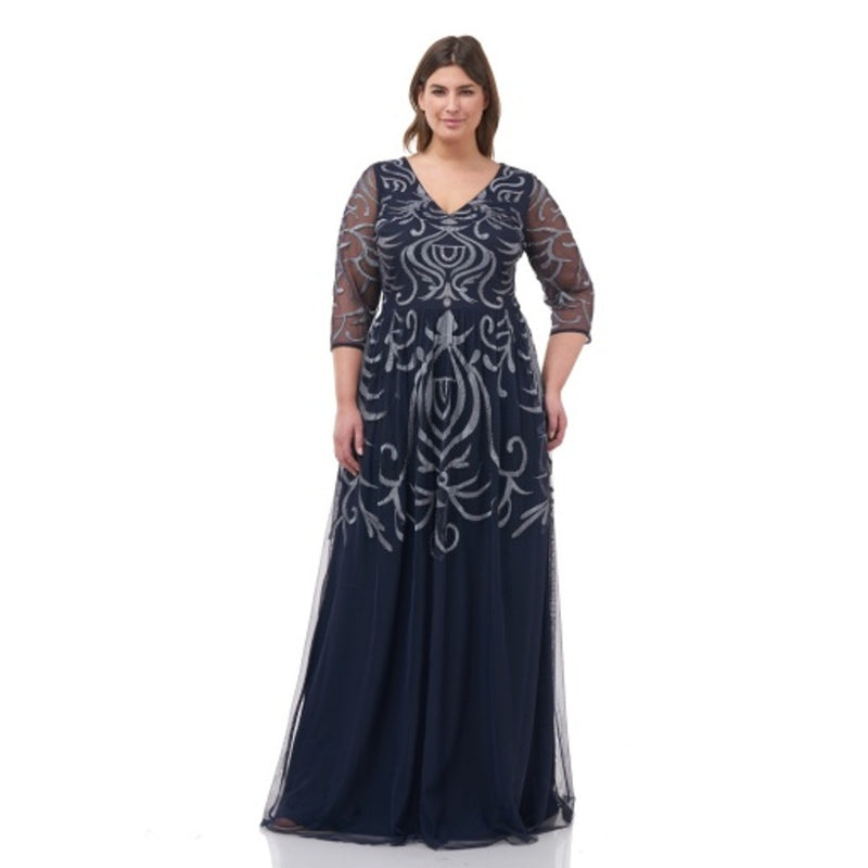 JS Collections - Womens V-Neck Beaded Embroidered Gown