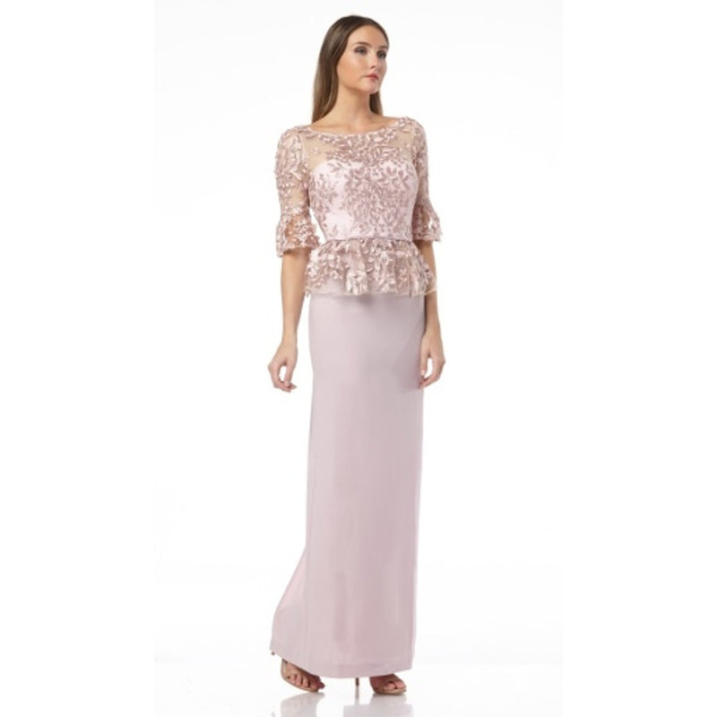 JS Collections - Womens 3d Leaf Peplum and Crepe Gown