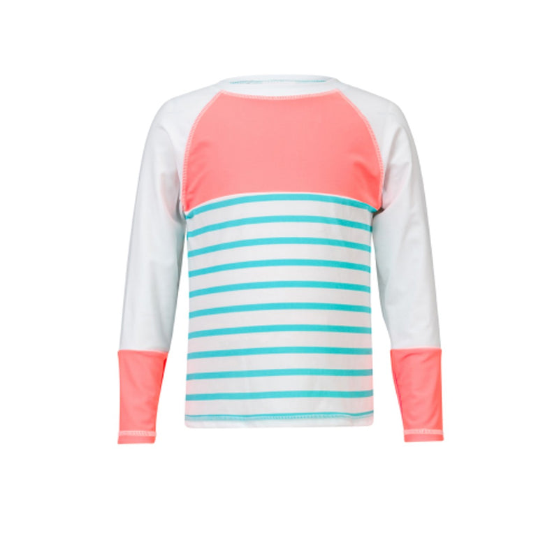 Snapper Rock - Girls Neon Coral Aqua Stripe L/S Rash Top