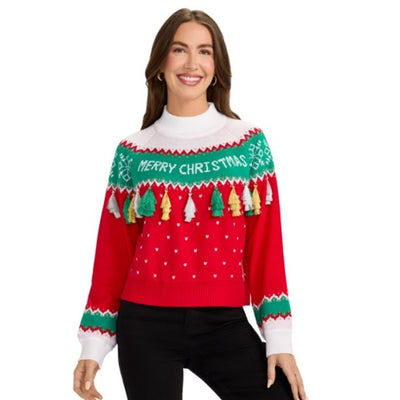 Tipsy Elves - Womens Merry Christmas Tassel Turtleneck Cropped Sweater